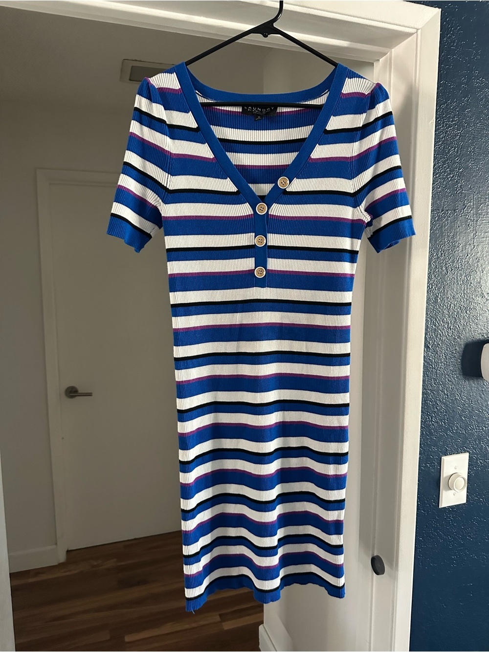 Laundry By Shelli Segal Blue, White and Purple Striped V-Neck Midi Dress